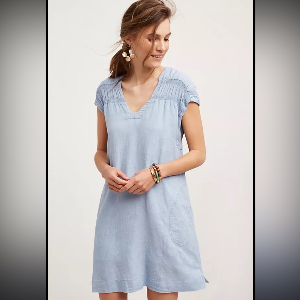 Anthropologie X Maeve Paz Tunic Dress Women's Size S Blue Floral Embroidered